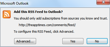 Microsoft Outlook RSS message box